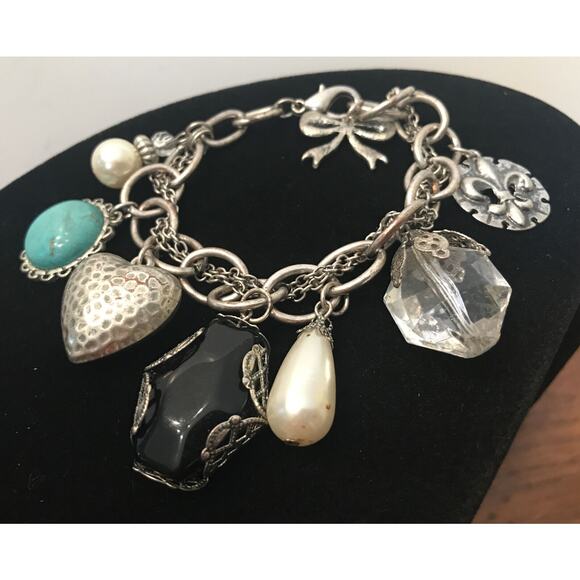 Estate7 Large Charms 8" Silver-Tone Link Charm Bracelet Lobster Claw Closure - Picture 7 of 11